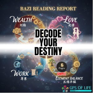 Puede incluir: Gráfico digital con el texto "BAZI READING REPORT" y "DECODE YOUR DESTINY". El diseño presenta cuatro elementos circulares interconectados que representan la riqueza, el amor, el trabajo y el equilibrio de los elementos, con símbolos y texto relacionados.
