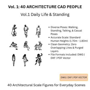 May include: A digital collection titled Vol. 1: 40 ARCHITECTURE CAD PEOPLE, Vol. 1 Daily Life & Standing. It features black line art illustrations of people in diverse poses, including walking, standing, and sitting. Includes DWG, DXF, and PDF formats.