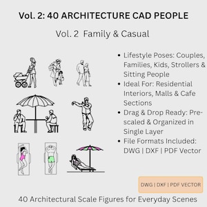 May include: A digital collection titled Vol. 2: 40 ARCHITECTURE CAD PEOPLE, Vol. 2 Family & Casual. It features line art illustrations of people in various poses, including strollers, couples, and sitting figures, with some colored accents. Text lists file formats DWG, DXF, and PDF Vector.