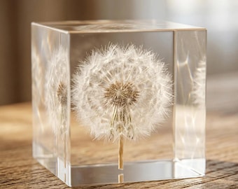 Dandelion Resin Night Light, Cube & Sphere Options, Preserved Flower Lamp, Custom Engraved Wooden Base, Gift for Mom, Memorial Keepsake