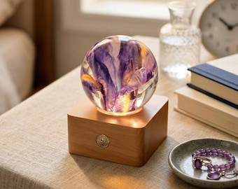 Iris Resin Crystal Ball Night Light, Preserved Flower Lamp, Rechargeable LED Wooden Base, Personalized Engraved Gift for Mom,Unique Keepsake