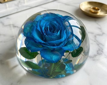 Blue Rose Resin Half Dome, Preserved Flower Keepsake, Real Rose in Resin, Romantic Gift for Her, Anniversary Gift, Unique Home Decor