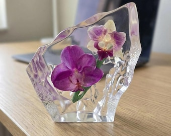 Mother's Day Gift,Real Orchid Preserved in Resin,Botanical Resin Sculpture and Art, Crystal Clear Flower Decor, Handmade Floral Keepsake