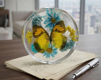 Orange Tip Butterfly Resin Half Dome,Real Butterfly with Blue & Yellow Flowers,Botanical Resin Art,Aesthetic Home Decor, Unique Gift for Her