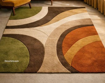 70s Retro Wave Shag Wool Rug – Hand-Tufted Mid-Century Abstract Area Carpet