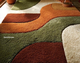 Mid Century Modern Shag Rug, Retro Abstract Area Rug, Earth Tone Geometric Wool Rug, Large Wavy Area Rug, Vintage Style Home Decor