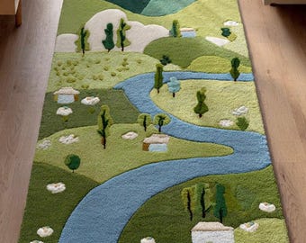 Kids Village Landscape Play Rug – Hand Tufted Wool Nursery Carpet | Scenic River & Mountain Kids Room Rug | Soft Sensory Play Mat