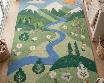 Kids Village Landscape Play Rug – Hand Tufted Wool Nursery & Playroom Nature Area Rug