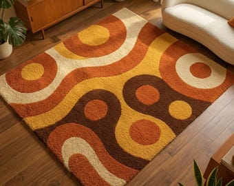 Retro Wave Shag Rug – 70s Mid Century Abstract Orange Brown Wool Area Rug | Hand Tufted Vintage Living Room Carpet