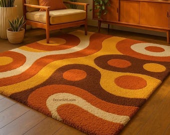 Retro Wave Shag Rug – 70s Mid Century Abstract Orange Brown Wool Area Rug | Hand Tufted Vintage Living Room Carpet