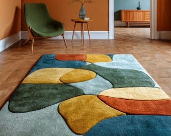Alfombra de lana moderna de mediados de siglo: abstracta, retro, con bloques de color y con mechones hechos a mano para sala de estar.