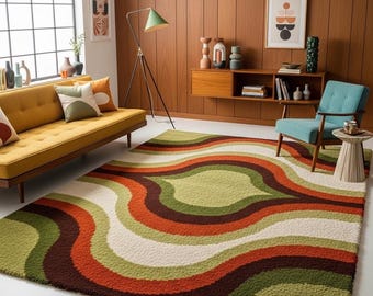Retro Wave Modern Area Rug - Mid Century Modern Geometric Carpet in Sage Green, Mustard Tones | Boho Living Room Decor | Vintage style Decor