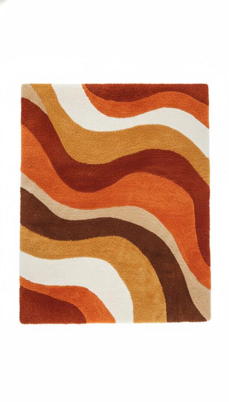 Retro Sculpted Shag Wool Area Rug | 70s Wave Orange & Mustard Carpet ...