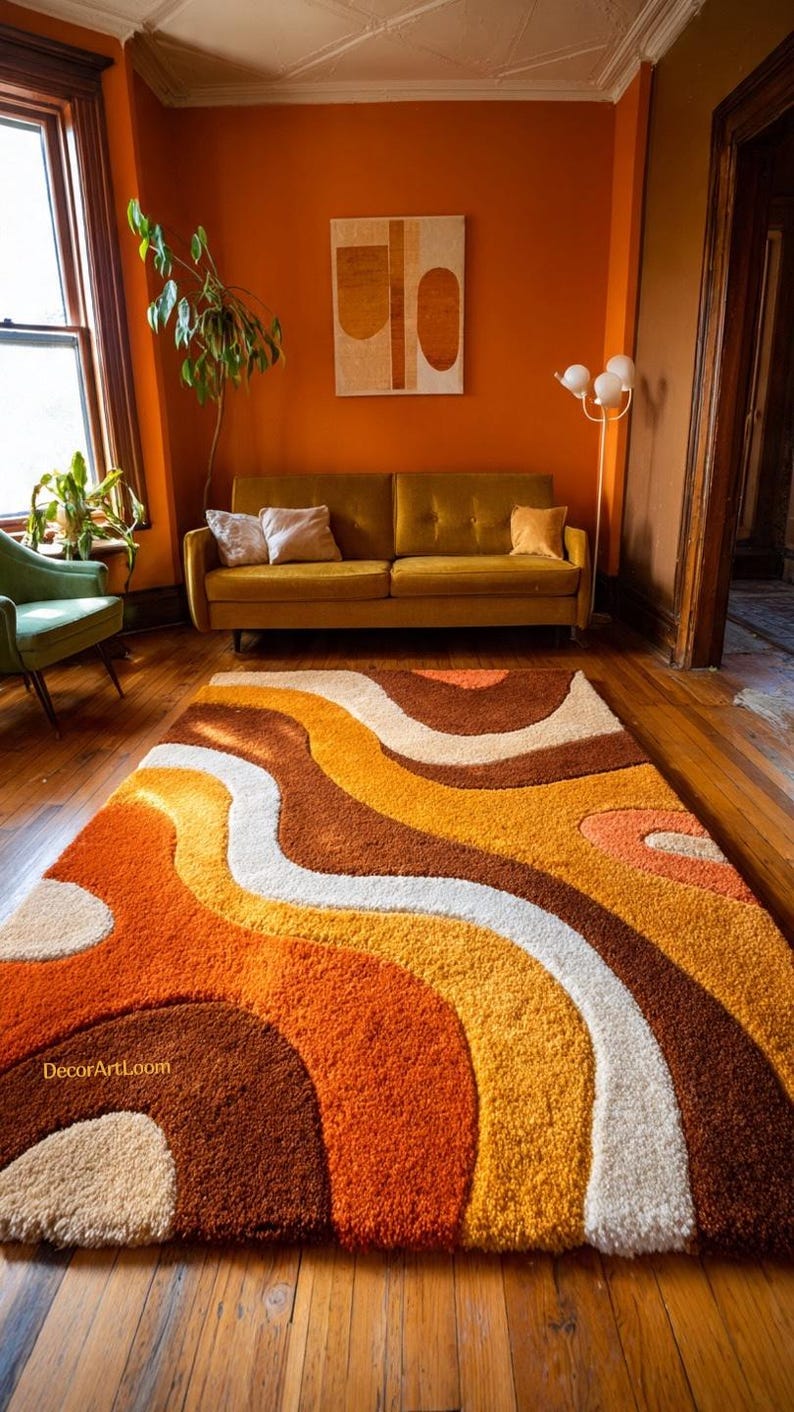 Retro Mid Century Shag Rug – 70s Geometric Orange Yellow Area Carpet ...