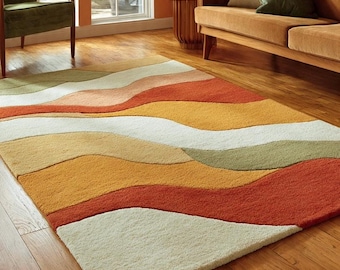 Mid Century Modern Wave Wool Rug – Retro 70s Abstract Area Rug in Terracotta, Mustard & Sage | Hand Tufted Boho Living Room Carpet