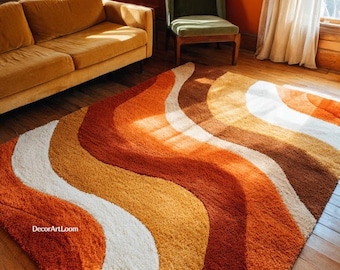Retro Sculpted Shag Wool Area Rug | 70s Wave Orange & Mustard Carpet | Mid Century Modern Textured Rug | Boho Living Room Decor