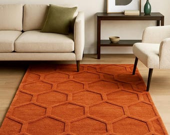 Terracotta Wool Area Rug – Hand Tufted Burnt Orange Textured Wave Carpet | Modern Organic Minimalist Living Room Rug