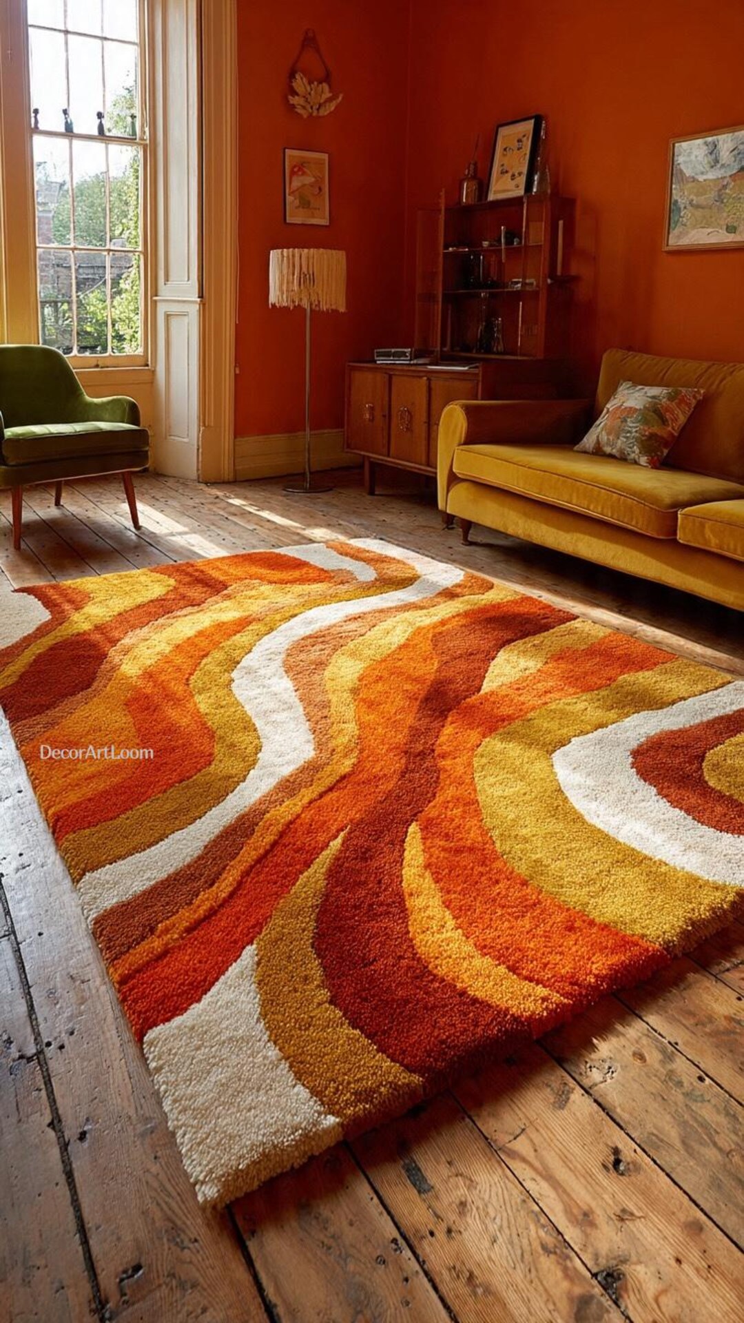 Retro Mid Century Shag Rug – 70s Wave Geometric Orange Yellow Area ...