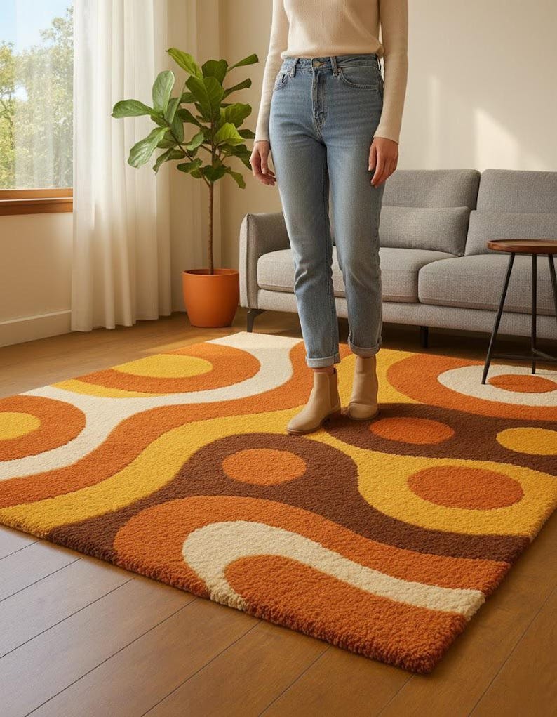 Retro Wave Shag Rug – 70s Mid Century Abstract Orange Brown Wool Area ...