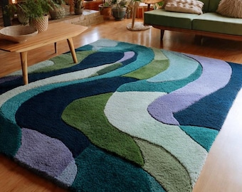 Mid Century Modern Abstract Wave Rug – Handmade Teal, Aqua, Green & Purple Wool Area Rug | Retro Living Room Carpet