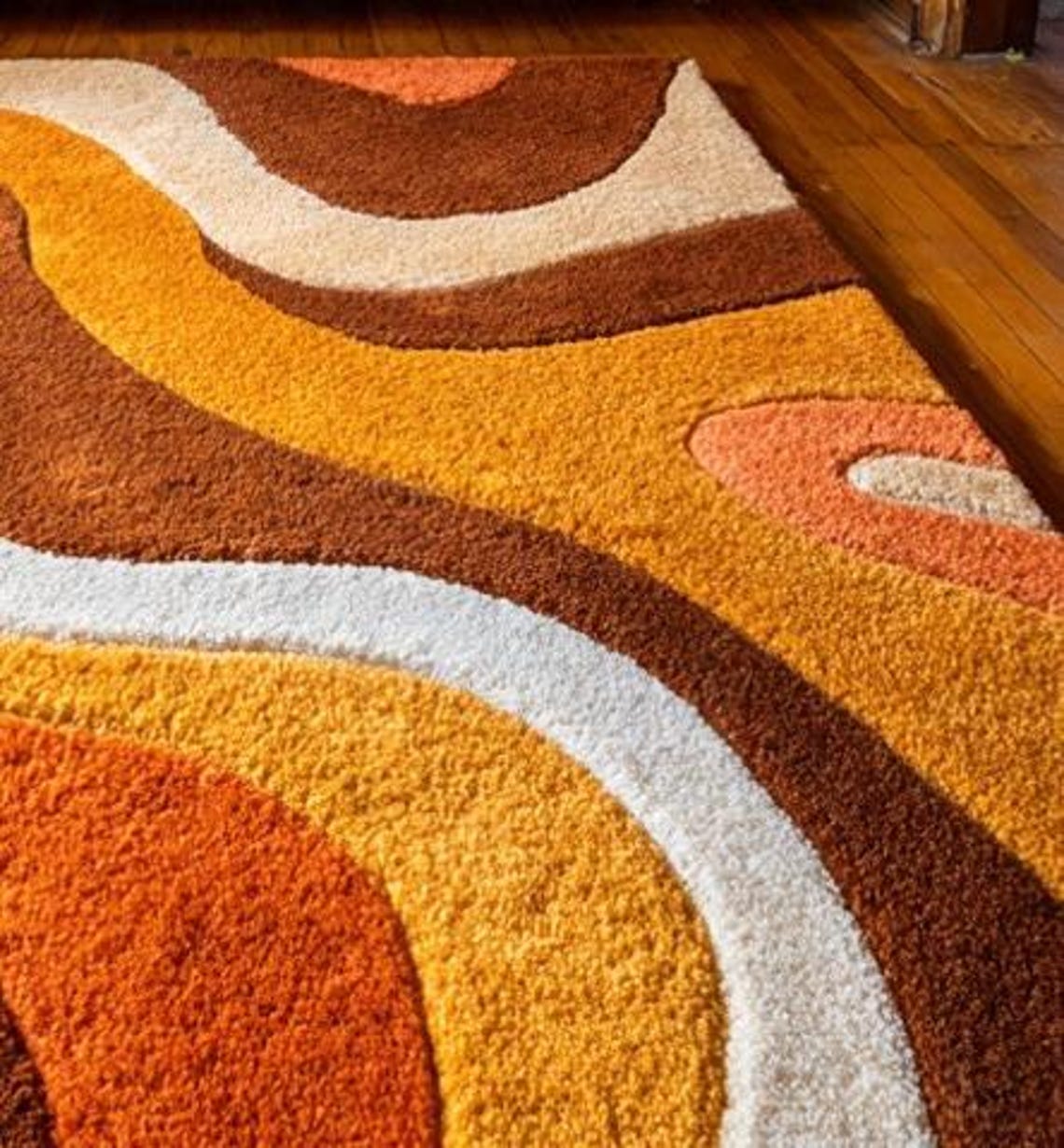 Retro Mid Century Shag Rug – 70s Geometric Orange Yellow Area Carpet ...