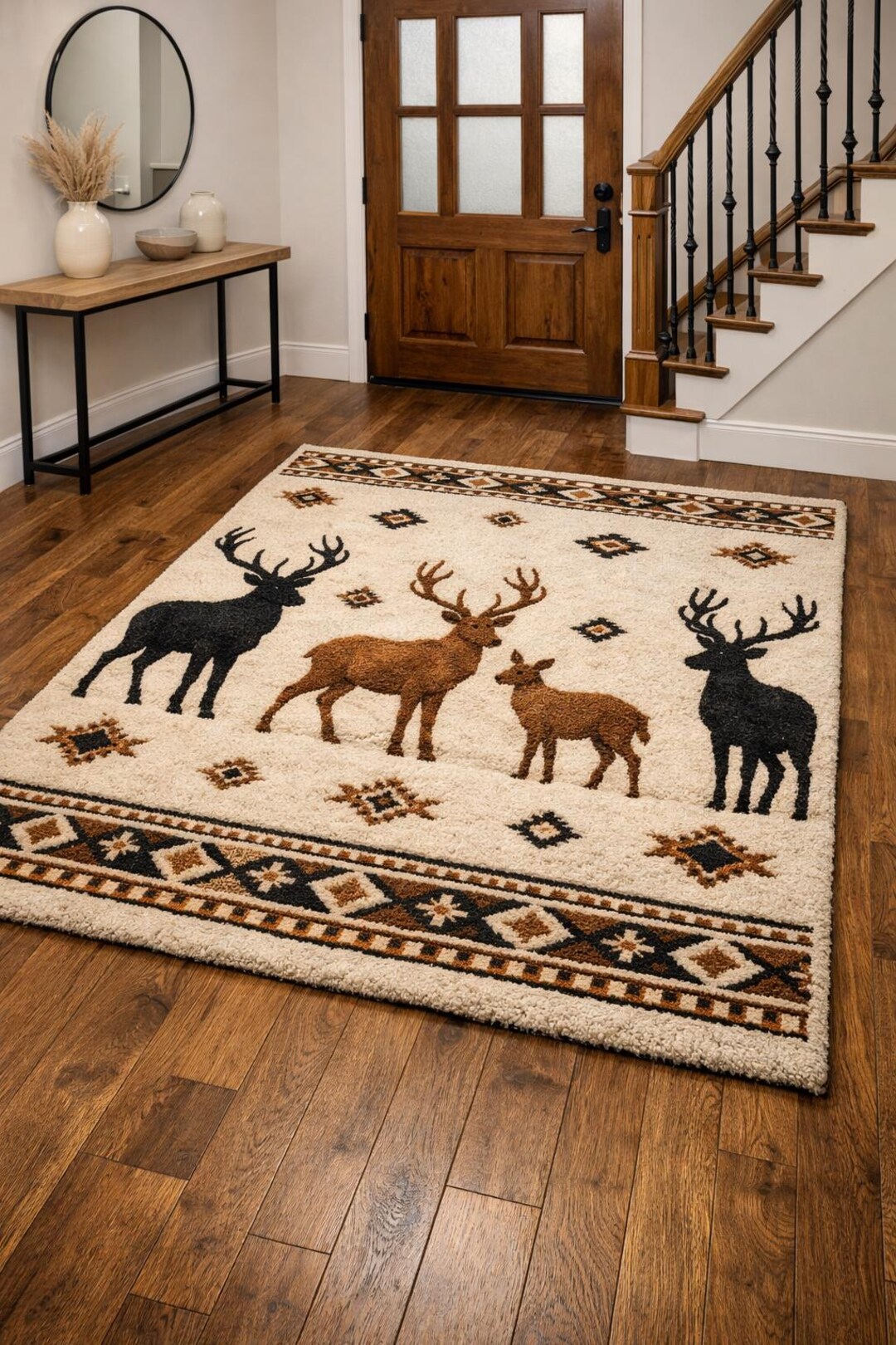 Rustic Deer Area Rug, Hand Tufted Wool Cabin Lodge Rug, Woodland ...