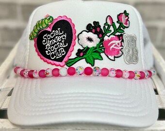 Social Anxiety Social Club White & Pink Patchwork Foam Patch Trucker Hat