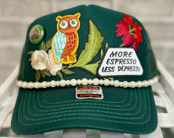 More Espresso Less Depresso Hunter Green Patchwork Foam Patch Trucker Hat