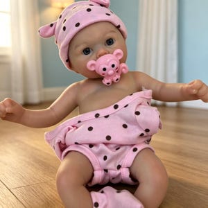 Op de afbeelding: Een levensechte babypop met een roze stippenhoed, luier en fopspeen. De pop heeft blauwe ogen en zit op een houten vloer. De babypop is een realistisch speelgoed.