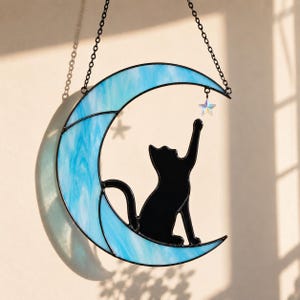 Moon Cat Stained Glass Suncatcher, Black Cat Window Hanging Decor, Cat Lover Gift, Celestial Moon Decor, Pet Memorial Gift image 18