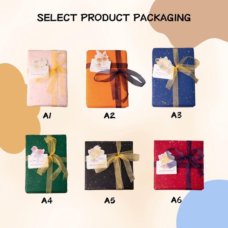 May include: Six rectangular gift packages labeled A1 through A6, each wrapped in solid-colored paper with gold speckles, tied with sheer ribbons, and adorned with a floral gift tag. The text SELECT PRODUCT PACKAGING appears at the top.