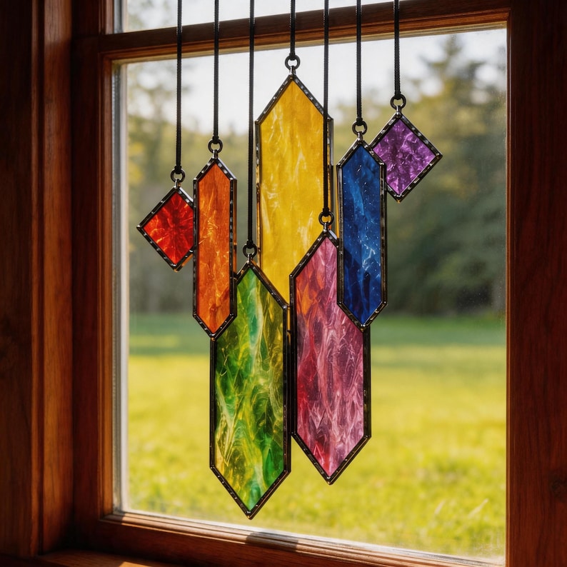 Geometric Glass Wind Chime, Stained Glass Suncatcher, Window Hanging Decor, Boho Home Decor, Housewarming Gift Style 7