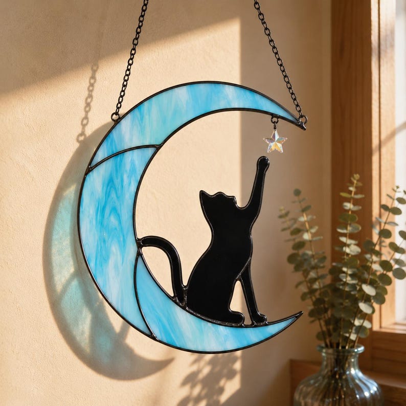 Moon Cat Stained Glass Suncatcher, Black Cat Window Hanging Decor, Cat Lover Gift, Celestial Moon Decor, Pet Memorial Gift Blue