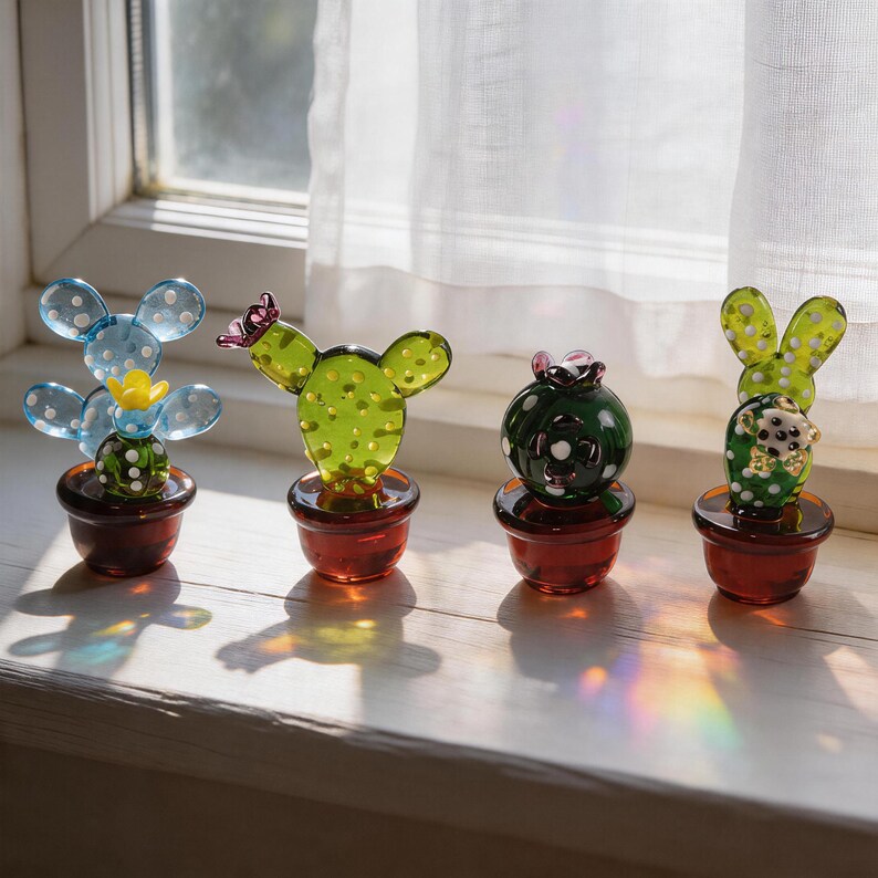 Puede incluir: Cuatro figuras de cactus de vidrio en peque&ntilde;as macetas marrones sobre un alf&eacute;izar. Los cactus son de varios tonos de verde, azul y blanco, algunos con peque&ntilde;os detalles florales. El vidrio es transl&uacute;cido.