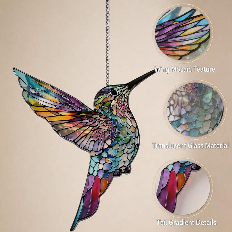 Puede incluir: Un atrapasoles de colibr&iacute; de vidriera con una textura de ala de mosaico y detalles de cola degradados. El p&aacute;jaro tiene un pico largo y negro y est&aacute; suspendido de una cadena plateada. Las alas y el cuerpo son de vidrio transl&uacute;cido.