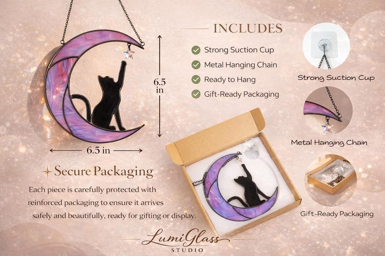 May include: A stained glass crescent moon suncatcher featuring a black cat silhouette reaching for a small star. The moon measures 16.5 cm by 16.5 cm. It includes a metal hanging chain, a suction cup, and a cardboard gift box for secure storage.