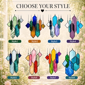 May include: A collection of eight stained glass suncatchers labeled Style 1 through Style 8. Each piece features geometric shapes in various colors including green, blue, orange, purple, pink, yellow, and red, all framed with black metal borders.
