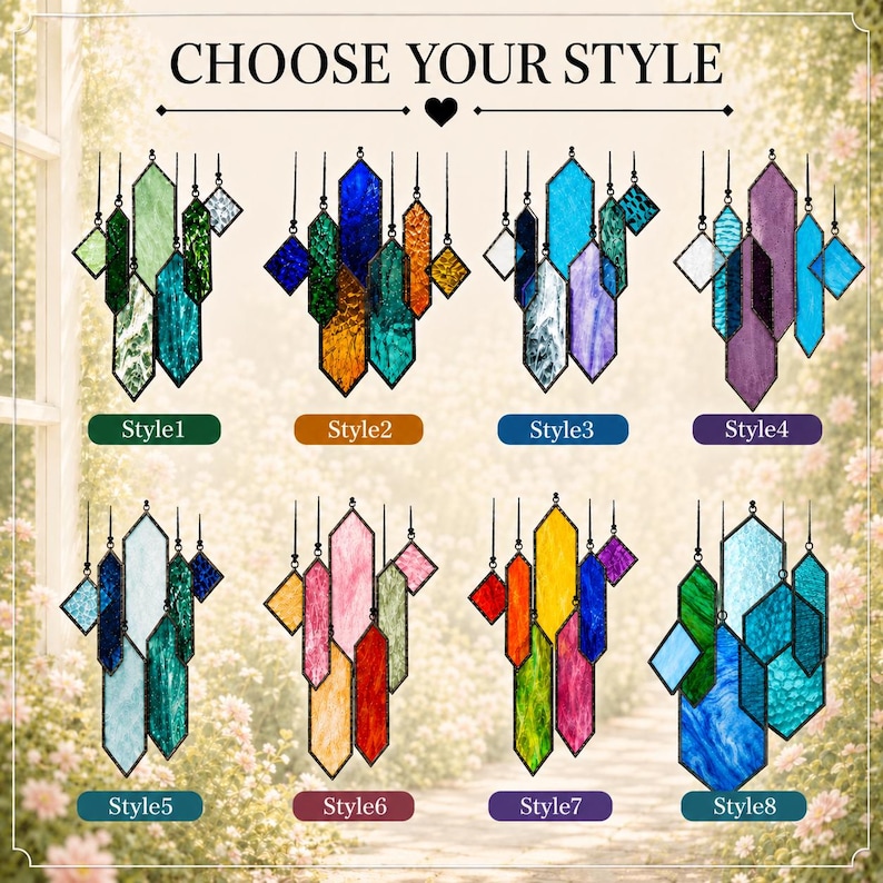 May include: A collection of eight stained glass suncatchers labeled Style 1 through Style 8. Each piece features geometric shapes in various colors including green, blue, orange, purple, pink, yellow, and red, all framed with black metal borders.