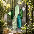 Geometric Stained Glass Suncatcher, Green Blue Glass Wind Chime, Modern Window Hanging, Boho Garden Decor, Housewarming Gift , Gift For Mom