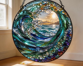 Atrapasueños de vidrieras con diseño de olas marinas en 3D, adorno para ventana de estilo costero, arte en vidrio en capas, decoración para casa de playa, atrapasueños de olas marinas hecho a mano.