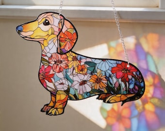 Atrapasueños de vidrieras con forma de perro salchicha, adorno floral para ventana con forma de perro, decoración de perro salchicha, regalo para amantes de los perros salchicha, arte en vidrio colorido, regalo para amantes de las mascotas