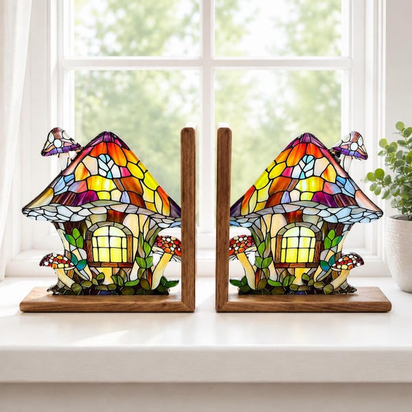 Stained Glass Mushroom Bookends, Handmade Glass Book Holder, Fantasy Cottage Decor, Book Lover Gift, Woodland Home Decor