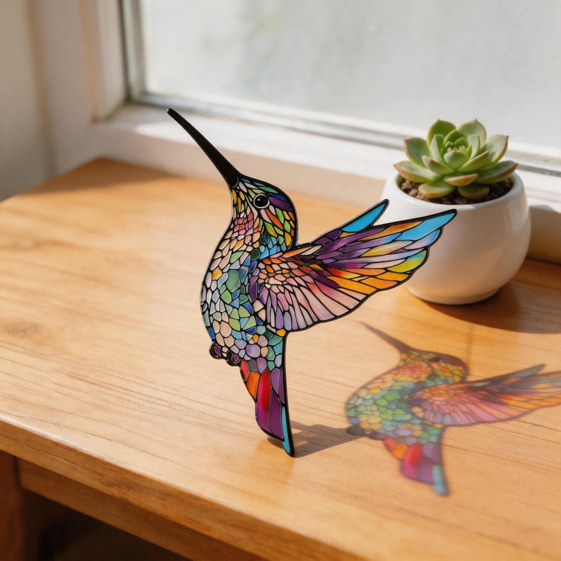 Puede incluir: Decoraci&oacute;n de colibr&iacute; colorido con efecto vidriera. El ave presenta un largo pico negro y alas en tonos azules, naranjas, morados y verdes. Se exhibe sobre una superficie de madera cerca de una ventana y una peque&ntilde;a suculenta en maceta.