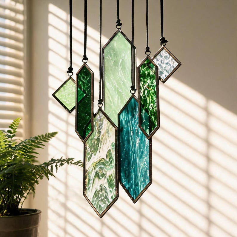 Geometric Glass Wind Chime, Stained Glass Suncatcher, Window Hanging Decor, Boho Home Decor, Housewarming Gift image 5