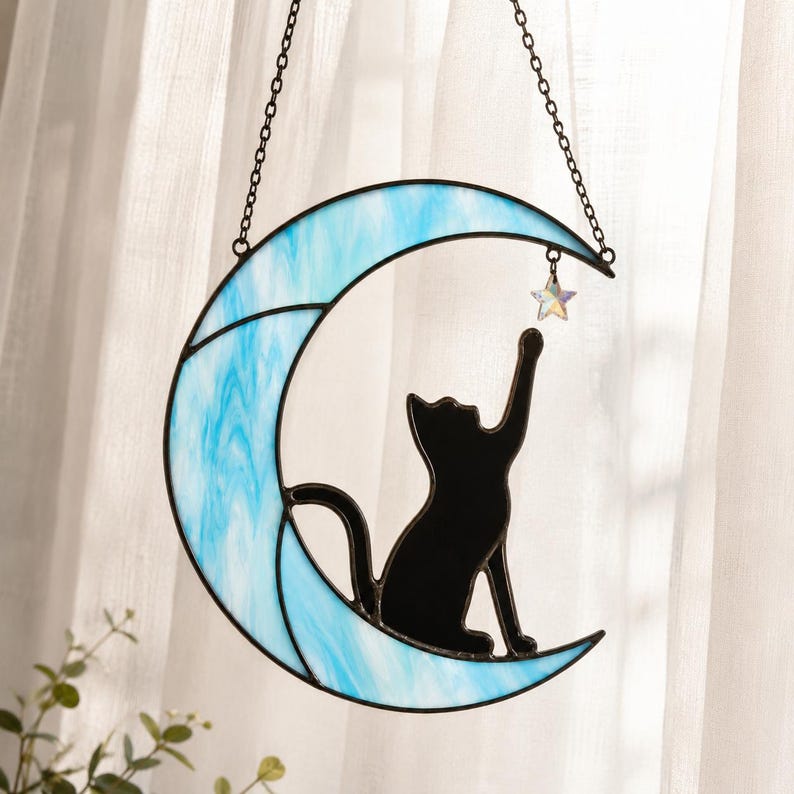 Moon Cat Stained Glass Suncatcher, Black Cat Window Hanging Decor, Cat Lover Gift, Celestial Moon Decor, Pet Memorial Gift image 8