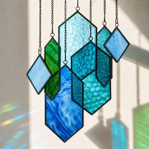 Geometric Glass Wind Chime, Stained Glass Suncatcher, Window Hanging Decor, Boho Home Decor, Housewarming Gift Style 8