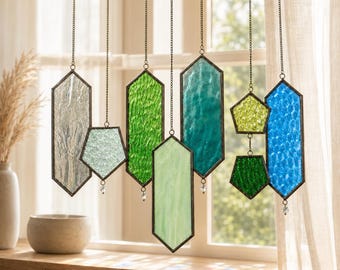 Campana de viento de vitral hecha a mano, atrapasol geométrico para ventana, decoración de vidrio azul verdoso, regalo moderno para el hogar, decoración bohemia para ventanas