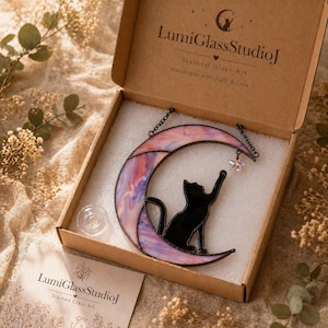 Moon Cat Stained Glass Suncatcher, Black Cat Window Hanging Decor, Cat Lover Gift, Celestial Moon Decor, Pet Memorial Gift image 12