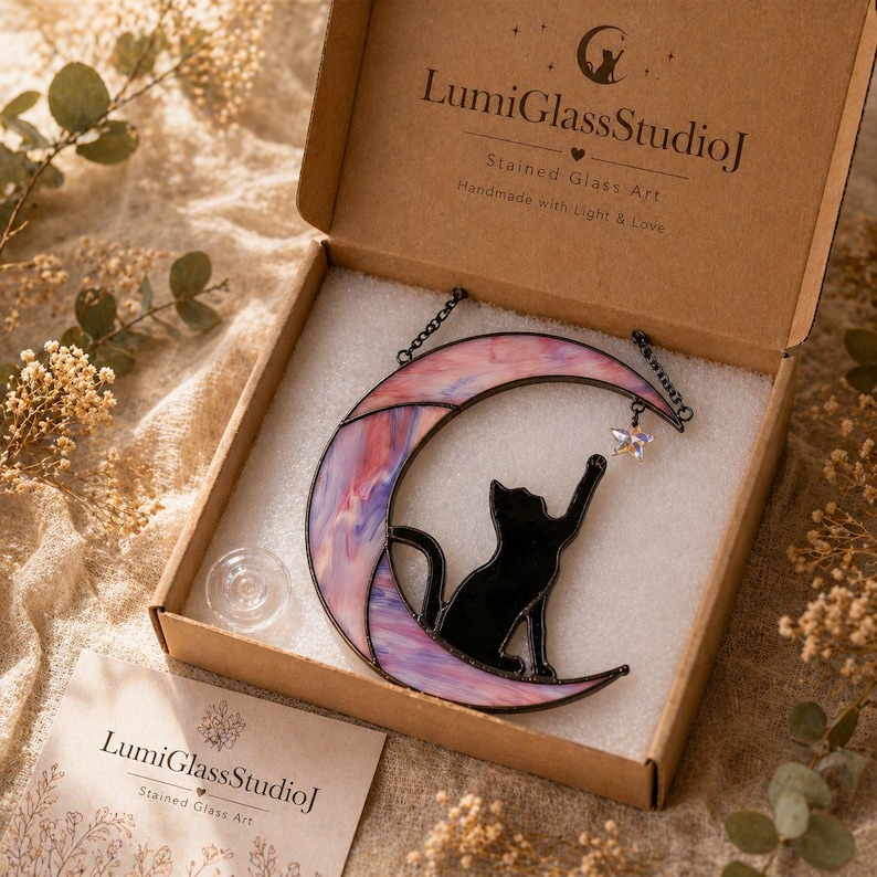 Moon Cat Stained Glass Suncatcher, Black Cat Window Hanging Decor, Cat Lover Gift, Celestial Moon Decor, Pet Memorial Gift image 12