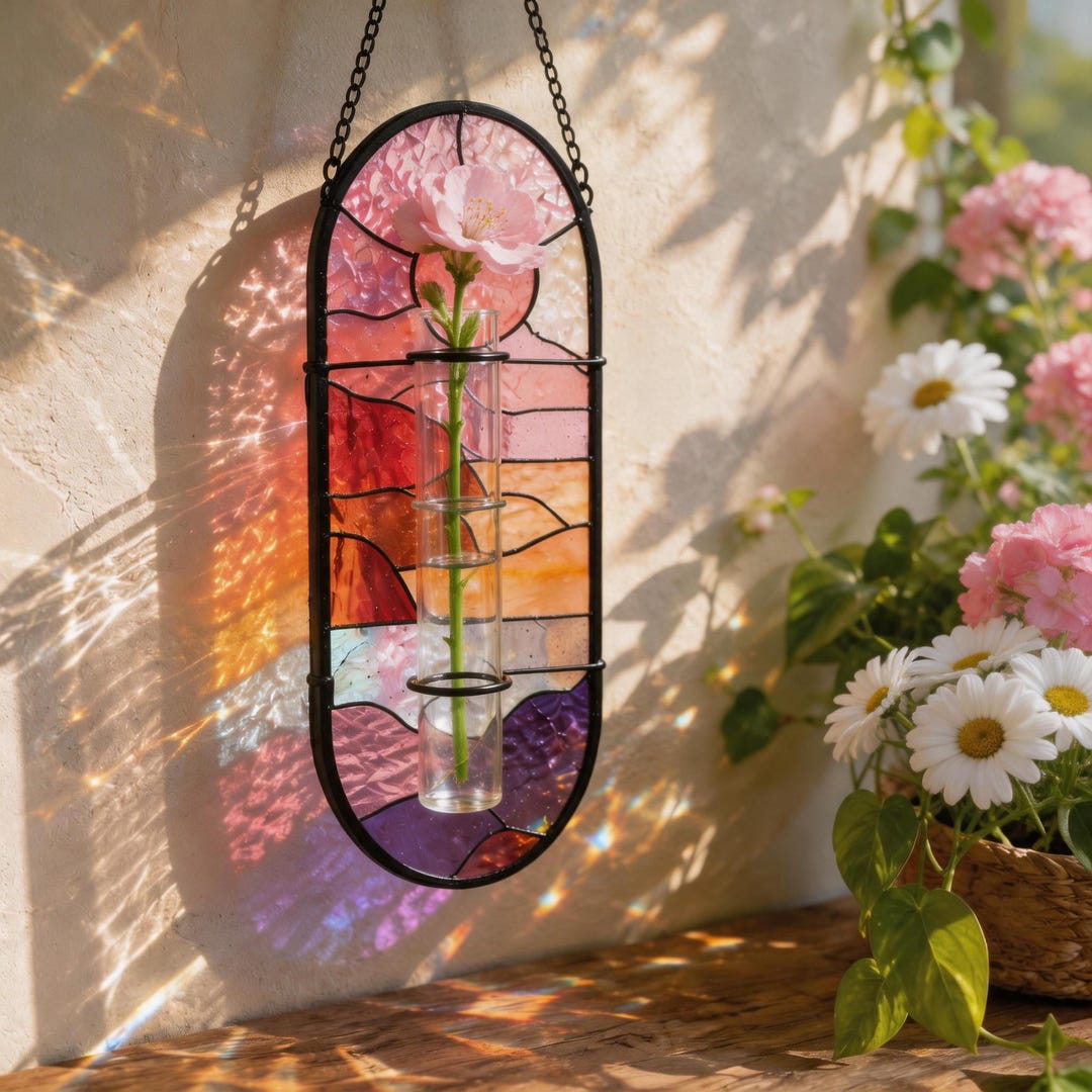 Lavender Dream Pink Stained Glass Vase 5x10 in